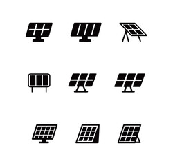 Set of solar panel icons, various styles of photovoltaic cells and renewable energy sources for sustainable technology concepts.