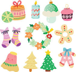 Cute Handdrawn Christmas Vector Icons with Wreath, Gifts and Ornaments