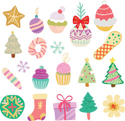 Christmas Flat Vector Icons Collection with Trees, Cupcakes, Gifts and Ornaments