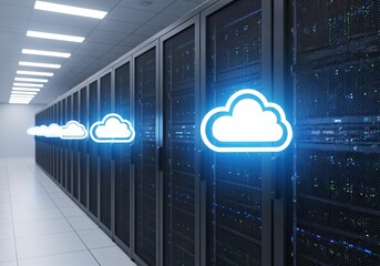 Data Fortress: An extensive network of servers lines the room, where the bright glowing clouds symbolize the interconnected world of digital data and the future of technology. 