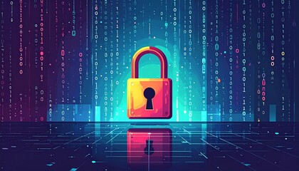 A large glowing padlock stands in the foreground, with a digital city skyline and falling binary code in the background, symbolizing strong digital security and data encryption