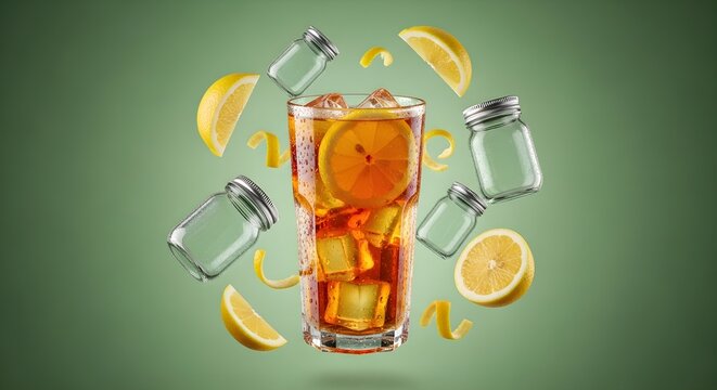 A tall glass of iced tea with lemon slices and empty mason jars floating around