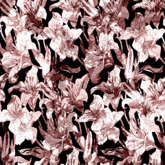 Monochrome brown seamless pattern with silhouettes lily flowers drawn by hand. Home textile, wallpaper, fabric, bedding, package, posters.