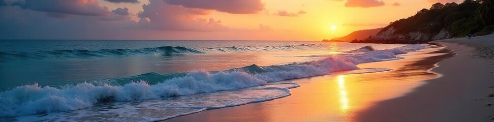 Serene waterfront scene at sunset, tranquil waves lapping gently on the shore, peaceful and idyllic coastal landscape Perfect for relaxation and vacation themes , relaxing, horizon