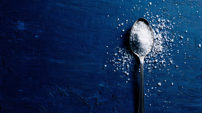Top view closeup with copyspace of stainless steel spoon with coarse sea salt on dark blue textured background, concept for cooking and seasoning ingredients - Powered by Adobe