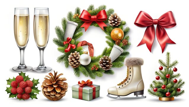 Christmas Elements Bundle, Realistic Holiday Icons, champagne, greeting card, gift box, champagne glasses, ice skates, pinecone, red bow, christmas wreath for Cards, Merch & Winter Design Projects.