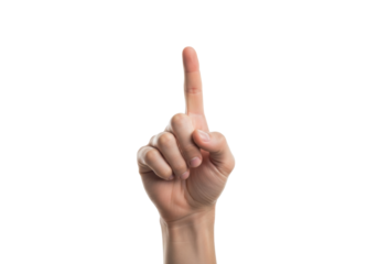 Young adult caucasian male hand, fair skin, index finger extended, other fingers curled, against a seamless transparent background with copy space, precise interaction concept