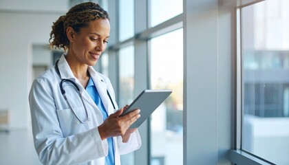 A doctor with a conversational expression holding a tablet next to a hospital window