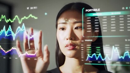 Asian woman analyzing financial data on transparent screen for investment strategy and market - Powered by Adobe