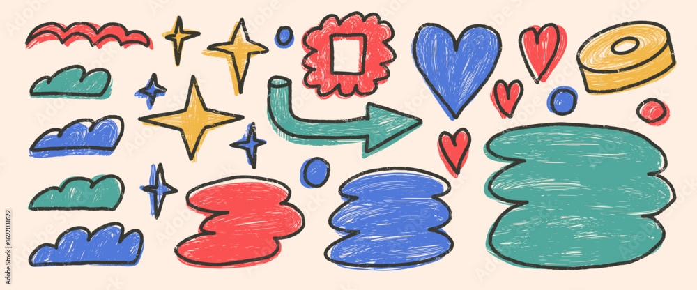 Poster abstract geometry shapes and text boxes crayon drawn set with line stroke. naive doodle tag figures.