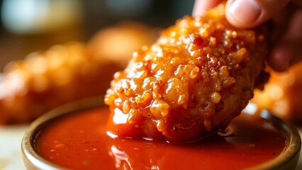 Close up image of fried chicken chunks dipped in sauce