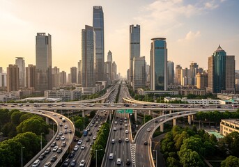 Urban Symphony: The cityscape comes alive as a bustling highway weaves through a metropolis of towering skyscrapers, where life flows constantly.