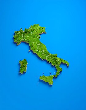 3D map of Italy.  Green landmass on blue background