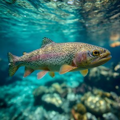 Fototapeta premium Underwater shot of a beautiful trout swimming in clear turquoise water with sunlight dappling through.