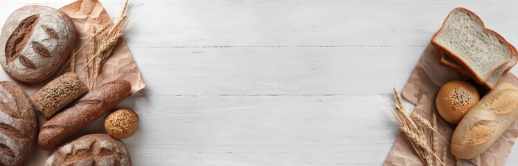 Freshly baked assortment of artisan breads, including loaves, rolls, and pastries, arranged on a rustic wooden surface with wheat stalks and copy space for design