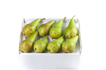 Fresh Belgian Pears in White Wooden Crate - Organic Fruit Display on White Background