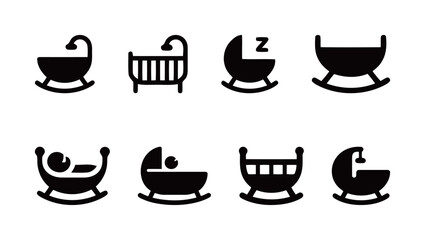 Set of baby crib icons, various styles of rocking cradles and bassinets for newborn and family concepts.