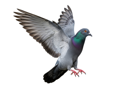 Grey rock dove (pigeon) with iridescent neck, orange eyes, wings spread, legs extended, mid-flight, against transparent background with copy space, studio-lit, concept of avian grace and scientific