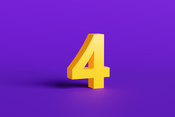 Fototapeta premium Big Yellow Number Four Standing on Purple Background