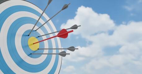 Target with multiple arrows embedded, showcasing precision and focus, against a bright blue sky with fluffy clouds, symbolizing achievement and goal setting in archery