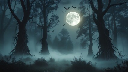 Fototapeta premium tall dark trees covered in fog, glowing full moon in the sky, bats flying across