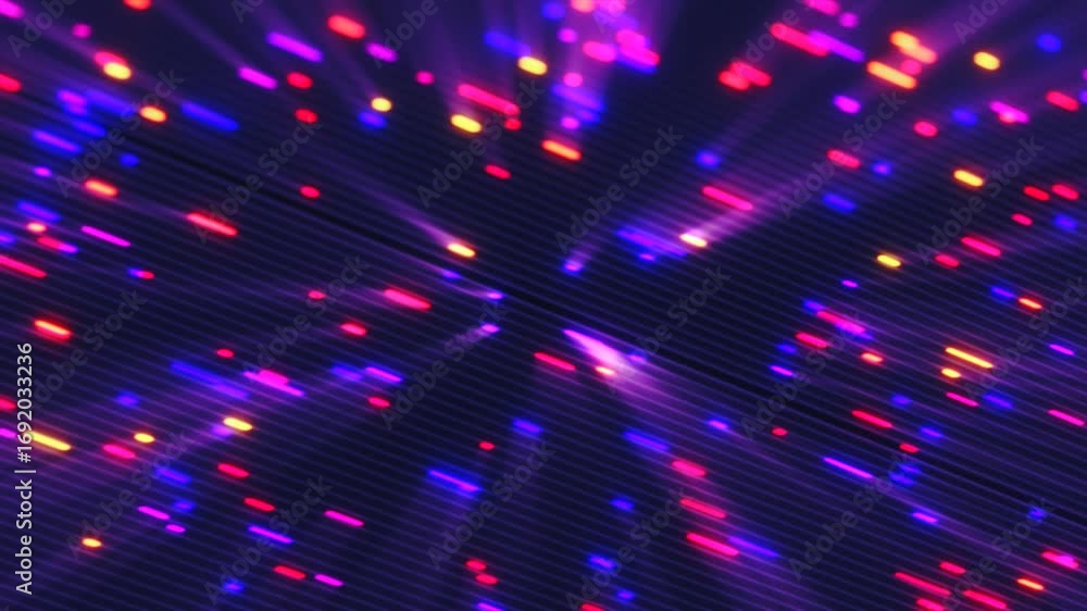 Poster abstract digital explosion of multicolored neon light particles with a dynamic burst effect on a dar