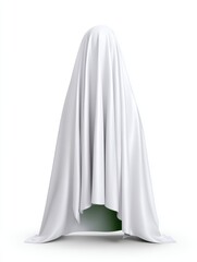 Visually striking photography, commercial poster of a robot dressed as a ghost standing on an isolated spot on white background, eerie green lighting,