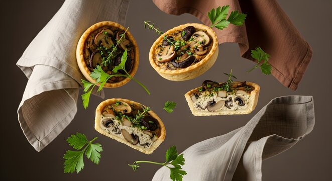Savory mushroom tarts with fresh herbs and parsley garnish suspended in the air with draped fabrics