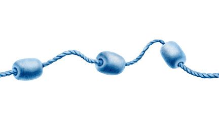 Seamless buoys made of foam on a twisted rope from a fishing net in a monochrome watercolor illustration for decorating marine-themed parties and fish restaurants.Hand-drawn clipart isolated on white