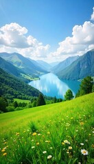 Fototapeta premium Serene vista of rolling hills, lush green meadows, and a tranquil blue lake reflecting the sky Perfect for travel, nature, and environmental projects , nature, scenery, horizon