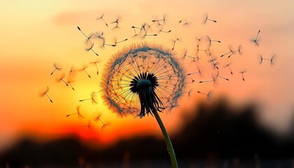 Naklejka premium Golden Hour Delight Dandelion Seed Dispersal in Tranquil Outdoor Nature with Silhouette Elegance