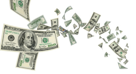 New US 100 dollar bills with Benjamin Franklin swirling dynamically mid-air on a transparent studio background with copy space, conveying financial abundance