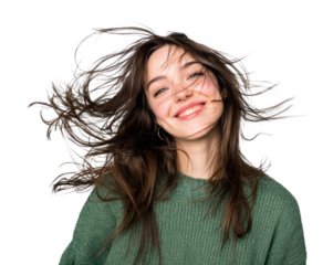 PNG Joyful woman with windswept hair.