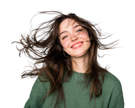 PNG Joyful woman with windswept hair.