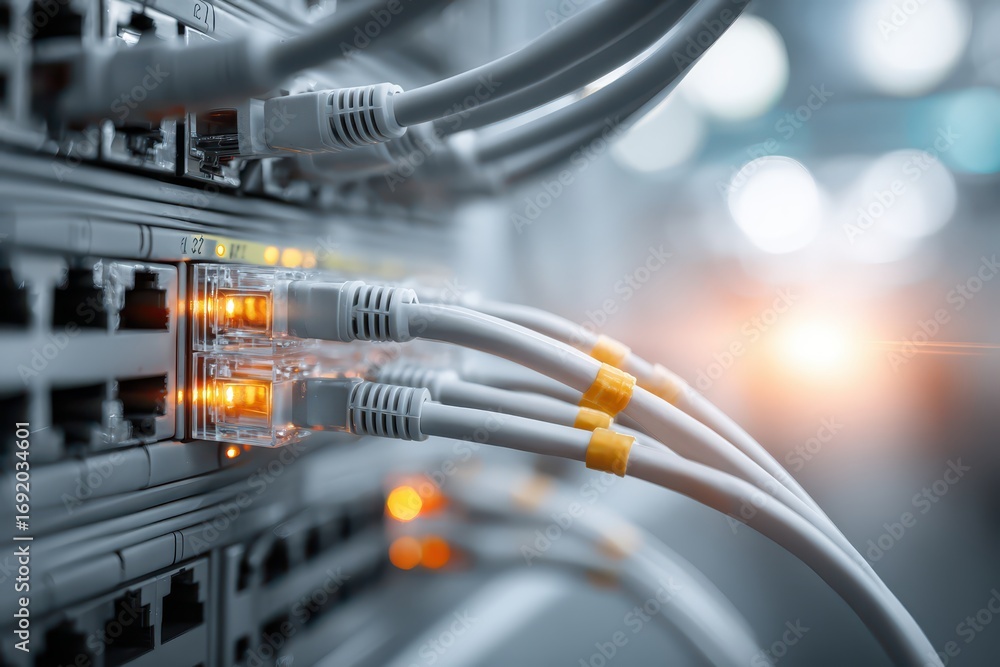 Aufkleber close-up view of network cables plugged into a server, showcasing data center connectivity, and the 