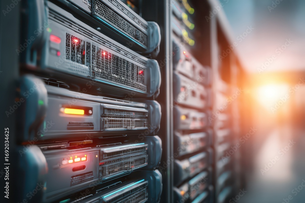 Aufkleber close up view of stacked server racks in a modern data center, showcasing technology infrastructure 