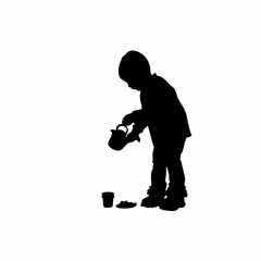 Silhouette of a child pouring tea into a glass cup on the ground isolated on white background