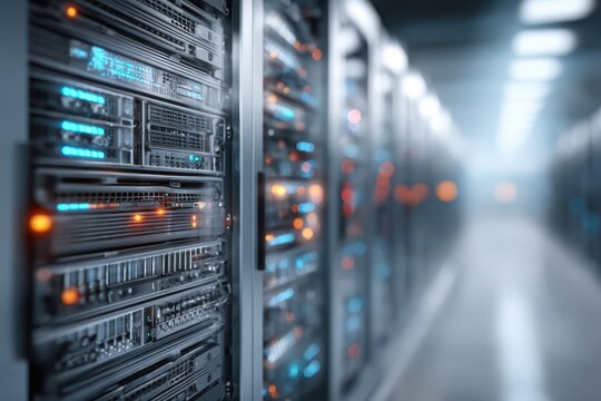 A meticulously arranged server room with rows of computer equipment, displaying intricate patterns of light and depth and precise rack organization for data processing.