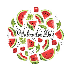Watermelon Day Greeting Card or Square Banner in Flat Design. Background with summer fruit. Ideal for Social Media Posts, Holiday Cards, Summer Promotions, E-commerce and Digital Marketing Campaigns