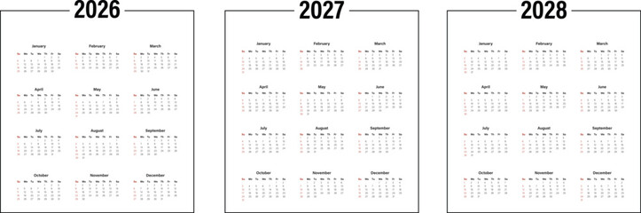 Monthly calendar layout for 2026 2027 2028 year. Diary planner for 2026 2027 2028 year. Week Starts on Sunday.

