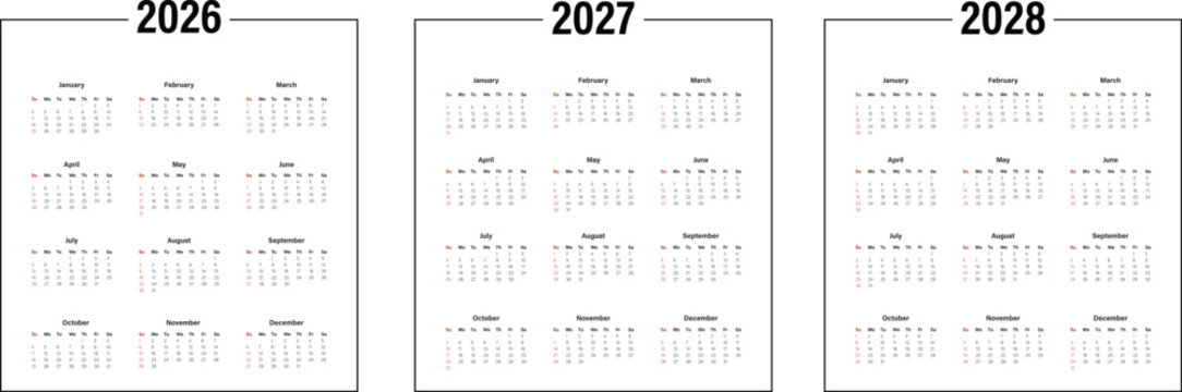 Monthly calendar layout for 2026 2027 2028 year. Diary planner for 2026 2027 2028 year. Week Starts on Sunday.

