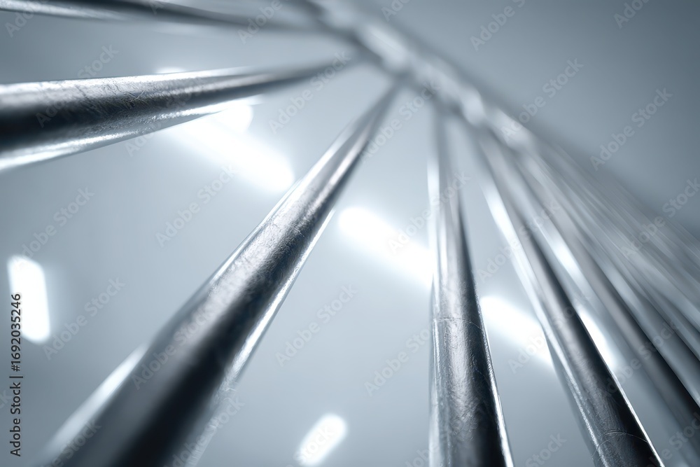 Poster an abstract close-up of shiny metal bars with a shallow depth of field, creating a geometric pattern