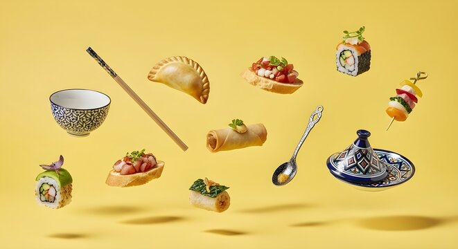 Assortment of floating appetizers including sushi spring rolls empanadas skewers and bruschetta on yellow
