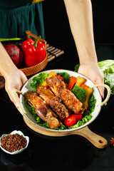 Grilled Lamb Chops with Vegetables - Crispy Charcoal Flavor Meat Showcase on Rustic Wooden Plate