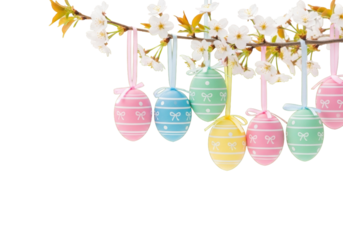 Close-up of pastel pink, blue, mint, yellow Easter eggs with white patterns hanging from a sakura branch, transparent foreground, soft green bokeh background, festive spring holiday concept