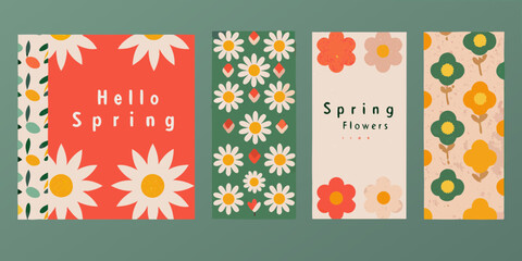 Collection of four spring themed vertical greeting cards with floral illustrations and text