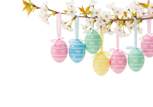 Close-up of pastel pink, blue, mint, yellow Easter eggs with white patterns hanging from a sakura branch, transparent foreground, soft green bokeh background, festive spring holiday concept