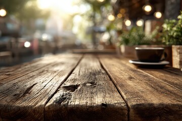 Rustic wooden table with a blurred cafe background, offering a warm and inviting atmosphere with soft lighting and a cup of coffee, perfect for a cozy scene.