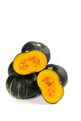 Fresh Kabocha Pumpkin Squash Cut in Half Showing Orange Flesh on White Background