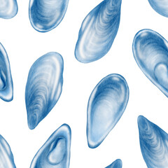 Seamless pattern of mussel shells in blue monochrome hand-painted watercolor illustration on a white background. Bivalve mollusks as a symbol of marine life,design element for menus and restaurants
